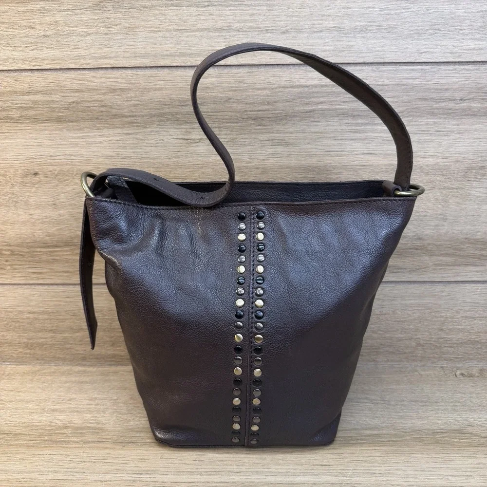 Vilenca Holland Leather Shoulder Bag‎ Chocolate Brown Studded Slouchy Hobo EUC